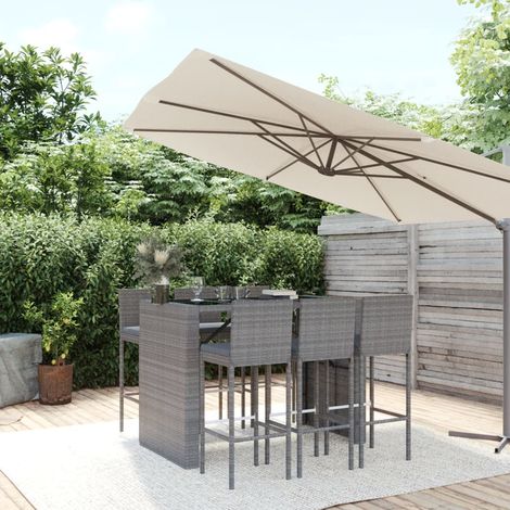 Set de 1 Table + 6 Tabourets de bar de jardin Ensemble Table et Chaises avec coussins gris poly rotin 88799 (1/5)