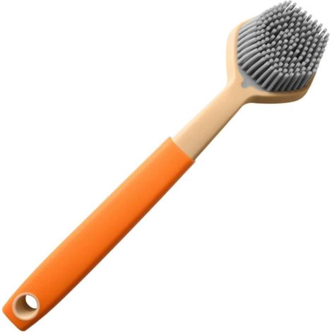 Spazzola per lavare i piatti in silicone con manico, spazzola per la pulizia della cucina, spazzola per piatti, Geschikt voor sink, strumento per la pulizia di pentole e padelle - arancione (1/4)