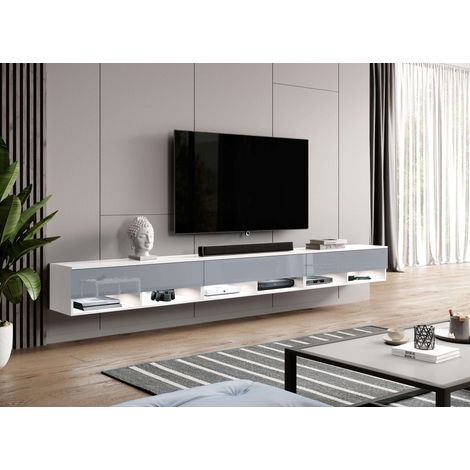 FURNIX Armoire TV ALYX 300 cm (3x100cm) Buffet bas Commode TV blanc/gris brillant