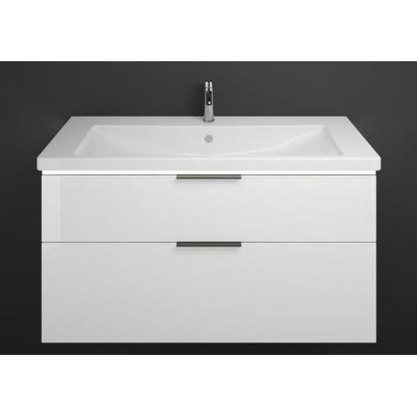 Burgbad Eqio Keramik-Waschtisch mit Unterschrank, 2 Auszüge mit LED-Beleuchtung, Griffleiste Weiß Hochglanz/Alpinweiss 123 cm Schwarz matt (1/2)