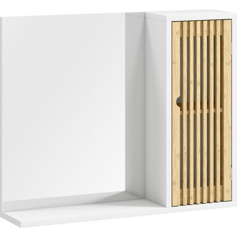 Armoire salle de bain miroir blanc, étagère réglable, porte lattes bambou, rangement mural (1/5)