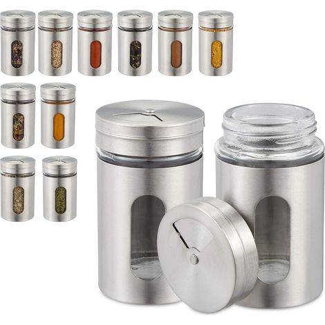 Saupoudreuses à épices, lot de 12, 3 tailles de débit, fenêtre de contrôle, herbes, verre, acier inoxydable (1/5)