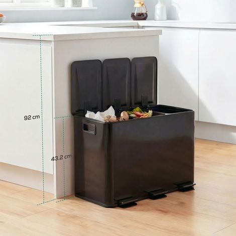 Poubelle de cuisine 45L avec 3 compartiments de 15L, couvercle, seaux intérieurs amovibles, 3 x 15L, noir (1/5)