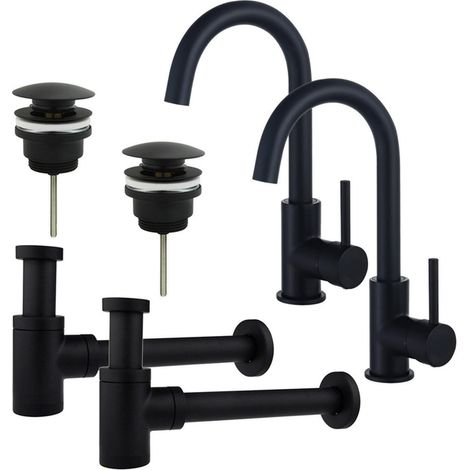 FugaFlow Eccelente Sobrado Kit robinet lavabo - pour double vasque - robinet haut - bec rotatif - bonde clic clac - siphon design bas - Noir mat (1/4)