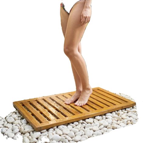 Alfombrilla de ducha, madera de acacia, diseño antideslizante, AMARILLA (1/5)