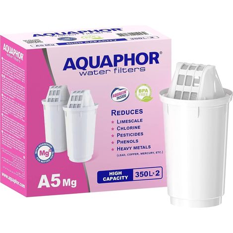 AQUAPHOR Cartucce filtro A5 2 pacchi con magnesio I Filtra calcare e cloro, metalli pesanti e altre sostanze I 350l di acqua purificata I Con la tecnologia AQUALEN I Per bevande e cibo migliori (1/3)