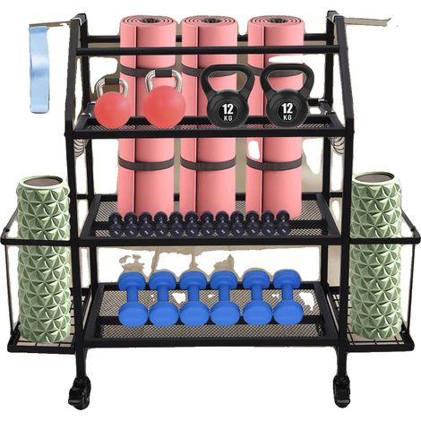Soporte para mancuernas, diseño de 3 niveles, construcción de acero resistente, color negro. (1/2)