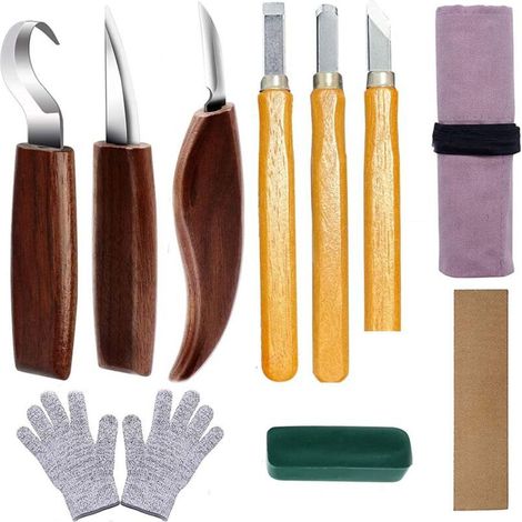 10Pcs Outil De Ciseaux à Bois Kit Couteaux De Sculpture En Bois Avec Manche En Noyer Diy Outils De Sculpture Bois Avec Gants Anti-Coupures Et Pierres à Aiguiser (1/4)