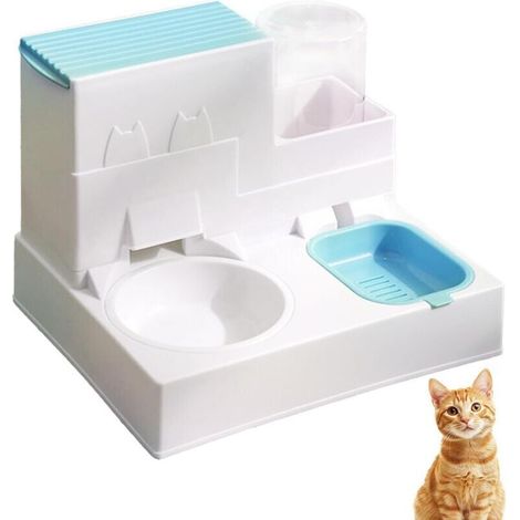 2 en 1 Distributeur Croquettes Chat, Distributeur Automatique de Nourriture par Gravité, avec Bol de Nourriture pour Animaux, Facile à Nettoyer, Facile à Nettoyer (A Bleu) (1/5)