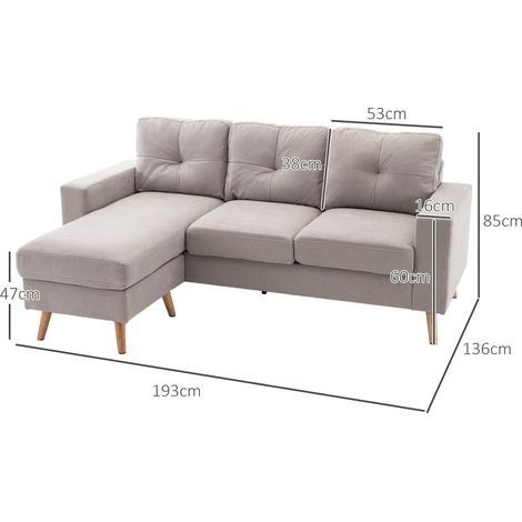 Canapé d'angle 3 places, aspect lin, méridienne réversible, 193 x 136 x 85 cm, gris clair (1/5)