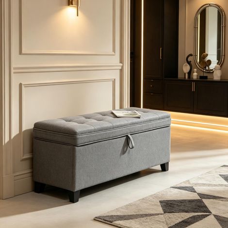 Banco de almacenaje 120 x 40 x 48 cm de lino gris, 112 L, asiento capitoné - CHICFURN (1/5)