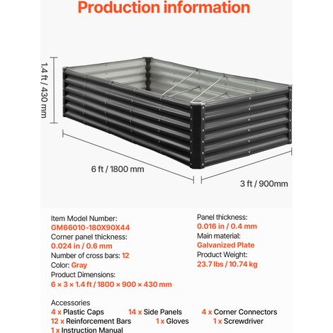 VEVOR Metal Raised Garden Bed, 6 x 3 x 1.4 ft Outdoor Galvanized Planter Garden Box, Open Bottom Design, Large Planter Raised Bed for Growing Vegetables, Flowers, Herbs, and Succulents, Dark Gray (1/4)