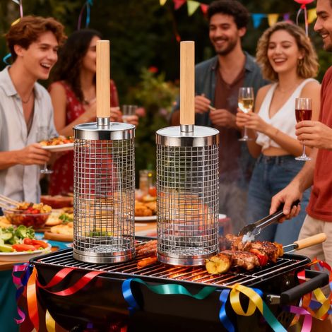 2 cestas para barbacoa, utensilios de acero inoxidable para asar, accesorios para barbacoa, aptas para verduras, cocina al aire libre y camping, cesta para barbacoa - 30 cm (1/4)