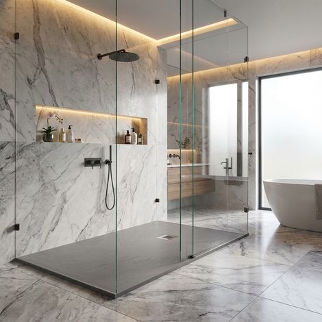 Piatto doccia in resina colore cemento 75x150 cm con griglia e piletta – Showey