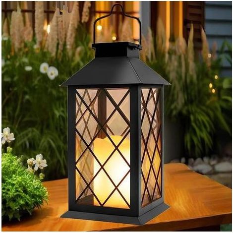 Noir Lanterne Solaire Exterieur Grande Lampe Solaire Jardin avec Bougie, Lampe de Table Étanche Suspension Lampe, Solaire Exterieur a Poser pour Balcon Jardin Terrasse Decor (1/5)