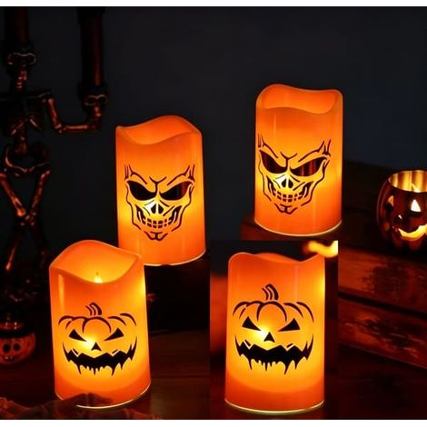 Bougies LED d'Halloween (lot de 4), bougies décoratives sans flamme avec citrouille et crâne, bougies à piles pour fête d'Halloween, décoration de table et ambiance lumineuse (1/5)