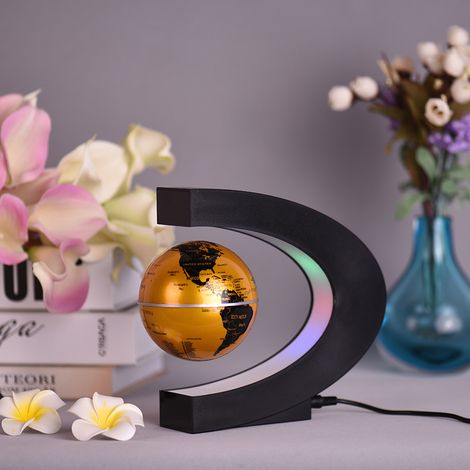 Globe terrestre magnétique flottant en forme de C de 7,6 cm avec lumières LED colorées, doré, idéal pour la décoration de la maison ou du bureau, les démonstrations pédagogiques, prise européenne. (1/2)