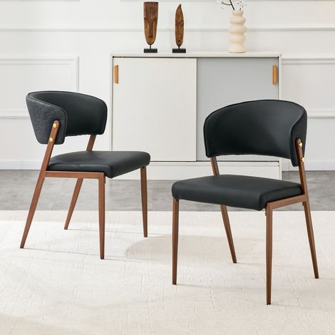 Set di 2 sedie da sala da pranzo imbottite con schienale ergonomico, ecopelle nera, metallo (1/5)