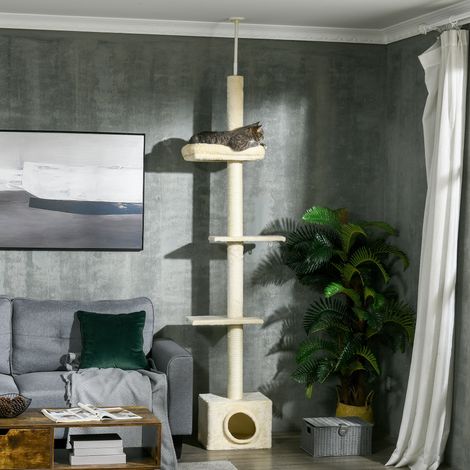 Katzenbaum mit höhenverstellbarem Kratzbaum, Maße 440 x 31 x 240–270 cm (L x T x H), 4 Aktivitätsstufen mit Höhle