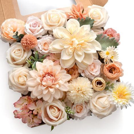 Assorted Artificial Silk Flowers, Mixed Flowers Fake Roses Peonies Dahlia with Stem for DIY Wedding Bouquet Centerpieces Cake Flowers Arrangements Decorations for Home Party (1/4)