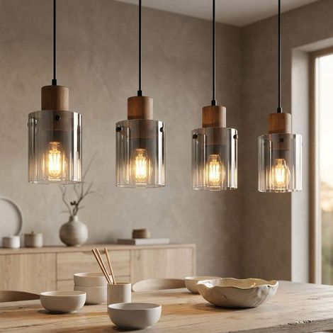 Pendelleuchte Hängelampe Holzlampe Wohnzimmerlampe 4 flammig Glas rauchfarben (1/5)