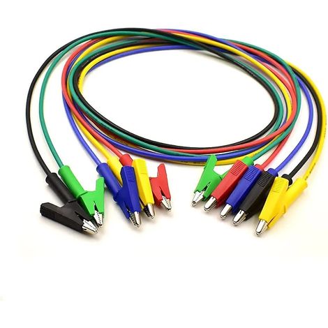 Lot de 5 câbles de test de calibre 14 avec pinces crocodiles, cordons de test robustes en silicone avec pinces isolantes pour tests électriques, 5 couleurs, 1 m (3,3 pieds). (1/5)