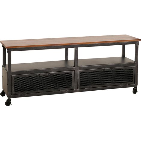 Meuble TV industriel sur roulettes avec rangements 55x130x36 cm métal noir bois marron 040010074