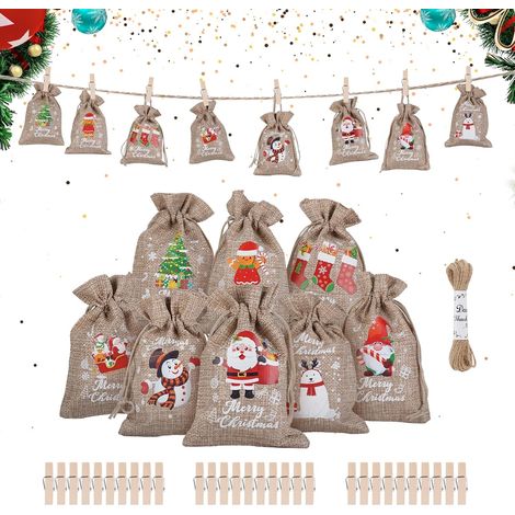 Lot de 24 sacs en toile de jute pour calendrier de l'Avent, 10 x 15 cm Sac en jute Petit Sac de Saint-Nicolas Sac en tissu avec cordon de serrage avec 30 pinces en bois et 10 m de corde de (1/5)
