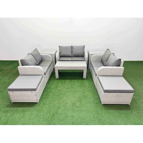 Fimous 8 Seater PE Wicker Rattan Furniture Sofa Sets with Oblong Coffee Table 2 Seater Love Sofa 2 Big Footstool 2 Side Table Light Grey (1/4)