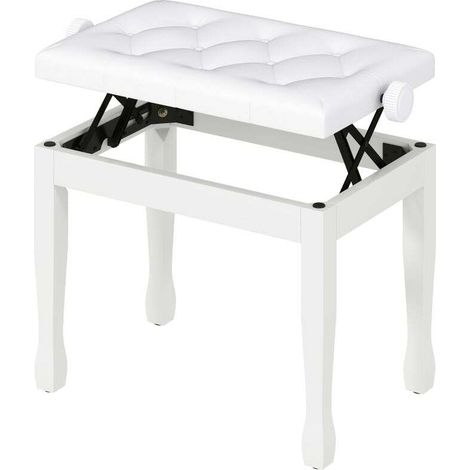 Banc de piano, banc de clavier réglable en hauteur en bois massif, siège rembourré, 64 x 35 x 45-55 cm, blanc (1/5)