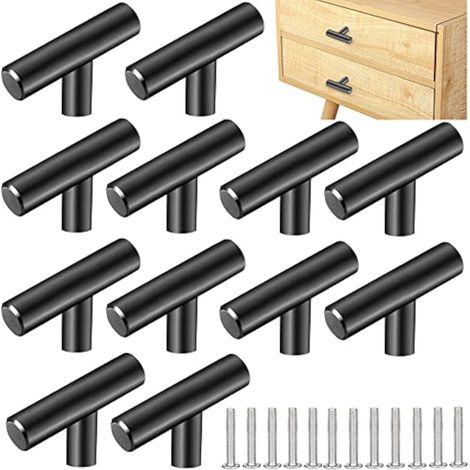 CCYKXA 12 Stück Edelstahl-Küchenschrankgriff, 50 x 32 mm, Möbelgriff, T-förmig, silberner Türknauf, Einloch-T-förmige Schubladenknöpfe, Möbelknopf mit 12 Schrauben für Schranktüren, Schwarz
