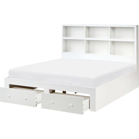 Cama de madera 160 x 200 cm con conjunto de almacenaje de 2 cajones y estantes en el cabecero blanco Tarare