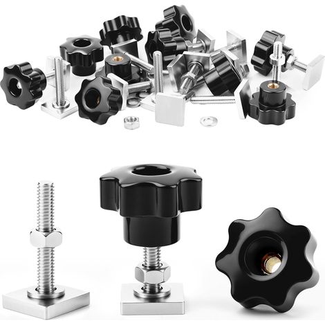 4 Ensembles Adaptateur T-Track avec T-Nut M6x35mm et Bouton de Serrage M6 et Écrous Ondelles Acier Inoxydable pour Barres Toit Porte-Vélos Supports Coffre Toit Fixation (1/5)