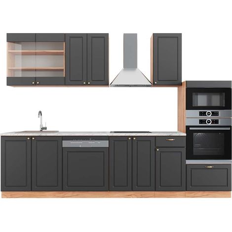Mueble de cocina Fame-Line, Antracita Casa de campo/Roble kraft dorado, 300 cm con armario alto, ET Mármol, Vicco