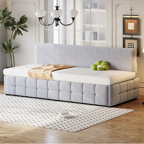 DESVIAE Lit banquette capitonné 90 x 200 cm avec rangement hydraulique dossier sans accoudoirs velours gris clair sommier à lattes (1/4)