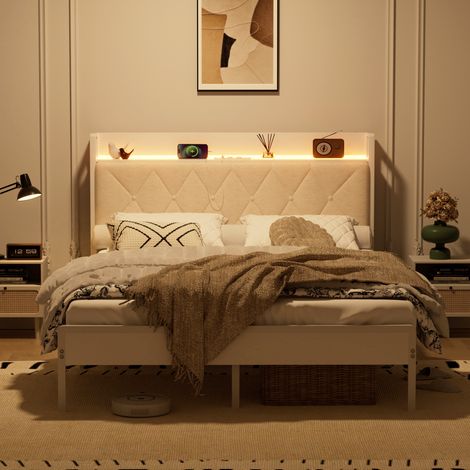 Letto matrimoniale 140x190 cm bianco in lino e acciaio con testiera LED, porta USB e spazio contenitore (1/5)
