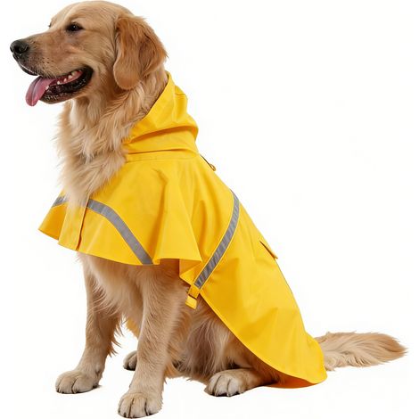Veste poncho de pluie Imperméable pour chiens de grande taille avec capuche à bande réfléchissante-jaune,XL (1/5)