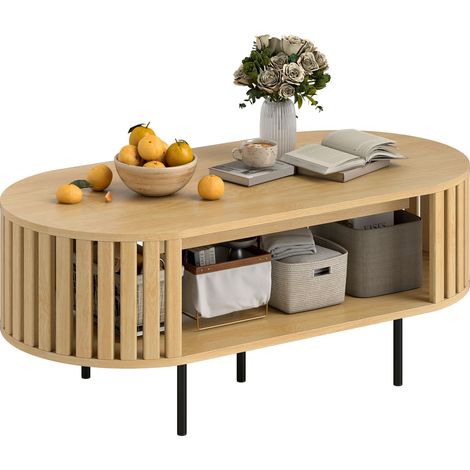 Mesa de centro ovalada, mesa de salón con espacio de almacenamiento, esquinas redondeadas, diseño de listones, 100 x 50 x 40 cm, efecto madera natural. (1/5)