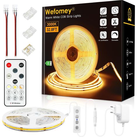 10M COB Ruban LED Blanc Chaud 3000K 324LED/M CRI90 24V Dimmable avec Télécommande et Alimentation, Pour Maison Chambre Miroi Décorer (1/5)