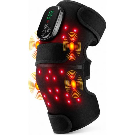 Genouillère chauffante massante noire grande taille, rechargeable 5000 mAh, lumière rouge 42 LED 660/850 nm, 4 moteurs