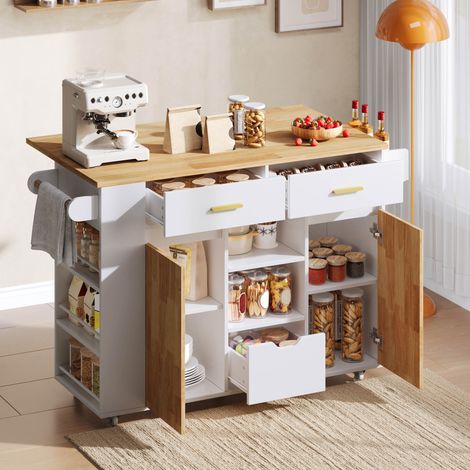 Isla de cocina móvil con tablero plegable, 3 cajones, blanco y madera DESVIAE (1/5)