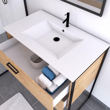 Aurlane – Ensemble meuble de salle de bain 90x45cm – Caisson MDF chêne naturel – Vasque céramique blanche avec trop plein – Miroir cadre noir mat — vue 2