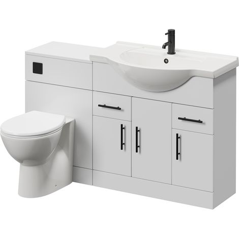 Alexander James Gloss White 1350mm 3 Door Vanity Unit Toilet Suite - 1350mm - Matt Black 96mm Knurled Bar HandleJames Toilet Pan and Seat