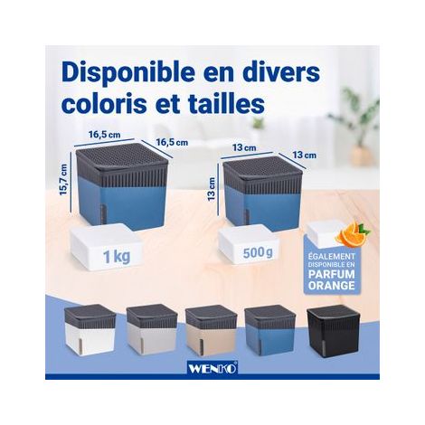 Lot de 2 déshumidificateurs Design CUBE Rechargeables 1kg WENKO Absorbeur d'humidité, Anti moisissure jusqu’à 3 mois, Idéal jusqu'à 80m², 6,5x15,7x16,5cm chaque, bleu (1/5)