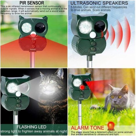 Solarbetriebenes Ultraschall-Katzenabwehrgerät für den Außenbereich, einstellbare Frequenz, wasserdicht, hält Hunde, Katzen, Füchse, Eichhörnchen und Mäuse von Tieren in Gärten, Feldern und Baumschule (1/4)