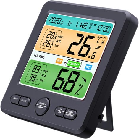 Digitales Thermometer, Hygrometer, Wetterstation, großes LCD-Display, für Innenräume, Blumen, permanente Temperatur- und Feuchtigkeitsüberwachung, Wecker