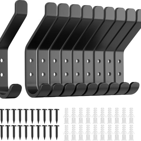 Lot de 10 crochets porte-manteaux, 20 lb (maximum), pour serviettes, chapeaux, sacs à dos, clés, vêtements, porte-manteaux muraux pour placard, métal, noir. (1/4)