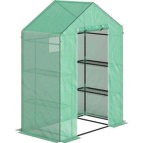 Serre jardin 143x74x190cm avec porte enroulable, fenêtre et étagères - Acier film plastique, balcon, culture tomates légumes - Vert (1/5)