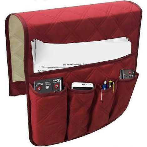 Lot de 5 pochettes de rangement bordeaux pour télécommandes TV, avec support en mousse à mémoire de forme pour accoudoir. (1/5)
