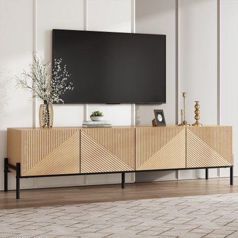 Modernluxe - Meuble TV moderne 163.5x40x45 cm - Armoire de rangement à 4 portes - Texture 3D - Pieds en fer - MDF - Naturel (1/5)
